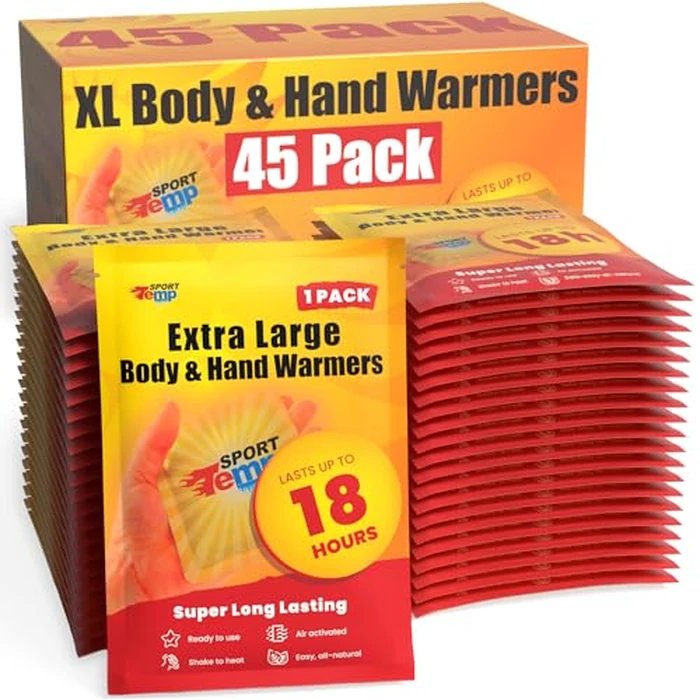 Large Hand & Body Warmers (45 Count) - Up to 18 Hours of Heat, Super Long Lasting - Easy, All Natural - Air Activated, for Body, Hands & Toes - Odorless Hot Hand Warmer - Sport Temp (45 Pack) by Sport Temp - Used - Like New condition - US$19.95