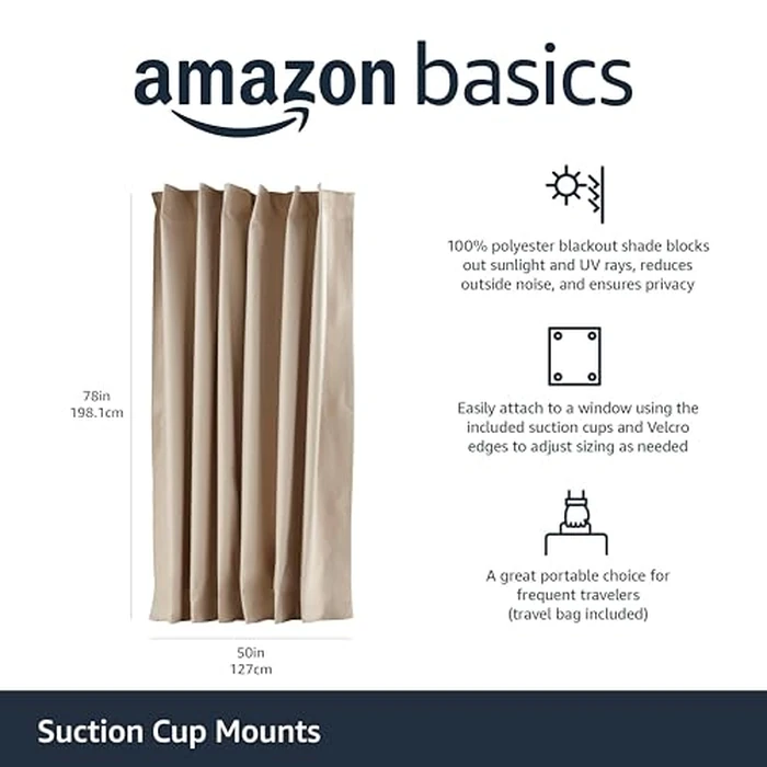 Amazon Basics Portable Window Blackout Curtain Shade with Suction Cups for Travel, Kids, and Baby Nursery - 127cm W x 198.12cm L, Beige - 1-Pack by Amazon Basics - Used - Acceptable condition - CA$25.31
