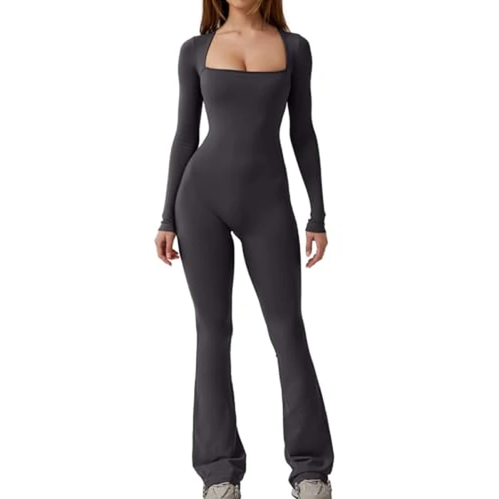 QINSEN Women Square Neck Long Sleeve Jumpsuit Casual Wide Leg Long Pants Romper Coffee Blackened Peal S by QINSEN - Image 2