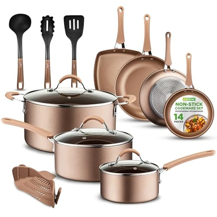 NutriChef 14Pc Nonstick Cookware Set, Pots and Pan Set, Induction Cookware Set- w/Saucepan, Frying Pans, Cooking, Dutch Oven Pot, Lids, Utensils, Strainer by Nutrichef - Used - Very Good condition