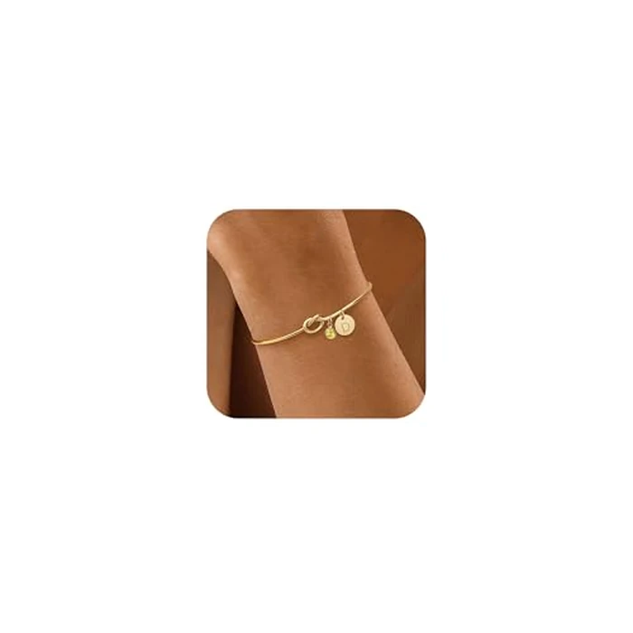 KAERUN Mothers Day Gifts Gold Bracelets for Women Trendy, Dainty 14K Gold Plated A-Z Initial Letter Birthstone Charm, Personalized Tie The Love Knot Adjustable Cuff Bangle, Birthday Bridesmaid Jewelry by KAERUN - Used - Like New condition - US$12.94