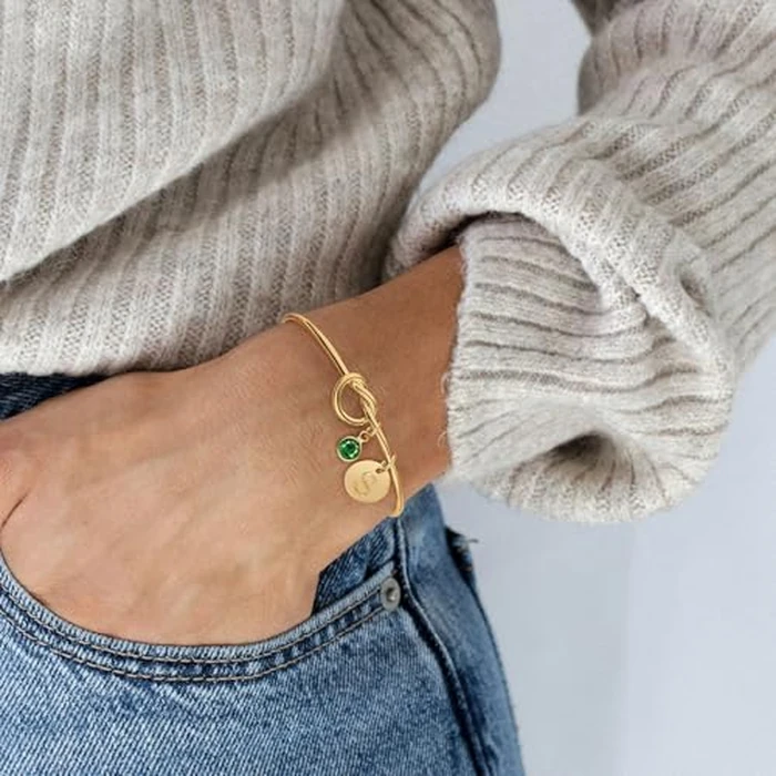 KAERUN Mothers Day Gifts Gold Bracelets for Women Trendy, Dainty 14K Gold Plated A-Z Initial Letter Birthstone Charm, Personalized Tie The Love Knot Adjustable Cuff Bangle, Birthday Bridesmaid Jewelry by KAERUN - Image 5