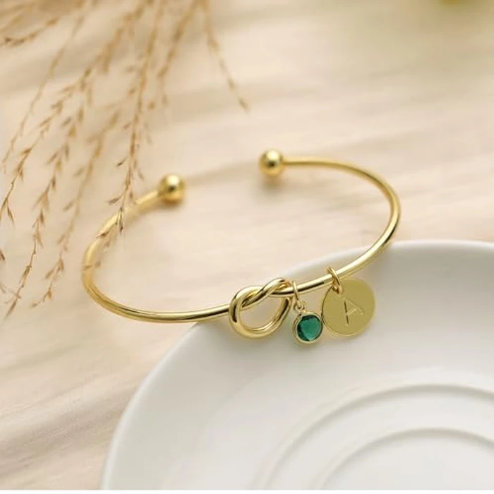 KAERUN Mothers Day Gifts Gold Bracelets for Women Trendy, Dainty 14K Gold Plated A-Z Initial Letter Birthstone Charm, Personalized Tie The Love Knot Adjustable Cuff Bangle, Birthday Bridesmaid Jewelry by KAERUN - Image 6