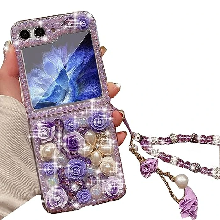 Changjia for Samsung Galaxy Z Flip 5 Glitter Bling Case,Cute Luxury 3D Crystal Rhinestone Diamond Flowers Sparkle Stunning Stones Pearl with Wrist Strap Women Girls Case for Galaxy Z Flip 5 5G,Purple by Changjia - Used - Acceptable condition - US$10.06
