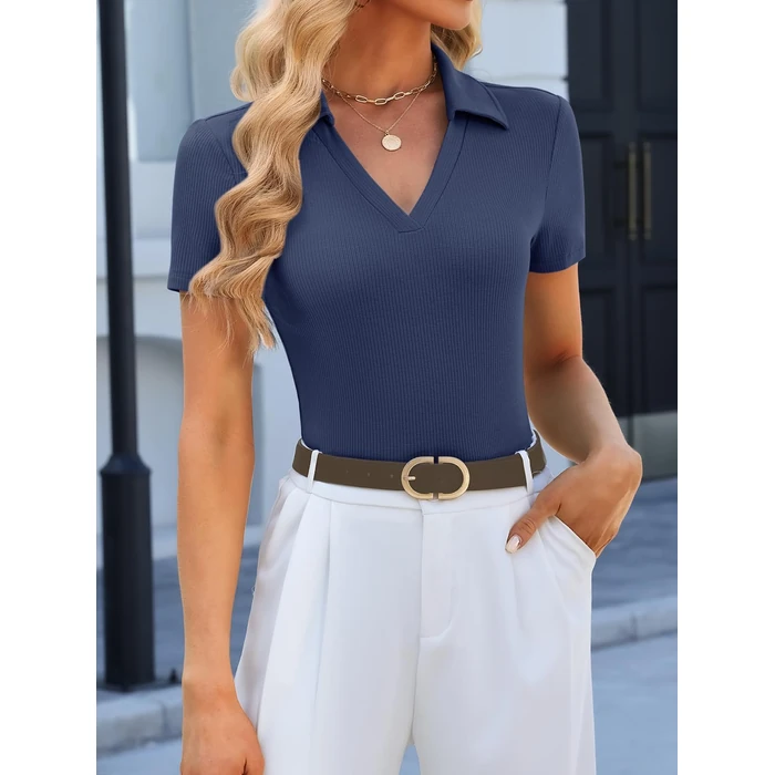 GKBK Women Slim Fit Ribbed Knit Collared Polo Shirt V-Neck Short Sleeve Business Casual Office Work Golf Top Summer 2026 Deep Blue L by GKBK - Image 3