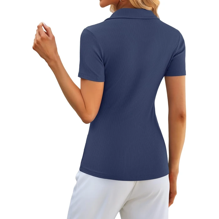 GKBK Women Slim Fit Ribbed Knit Collared Polo Shirt V-Neck Short Sleeve Business Casual Office Work Golf Top Summer 2026 Deep Blue L by GKBK - Image 5