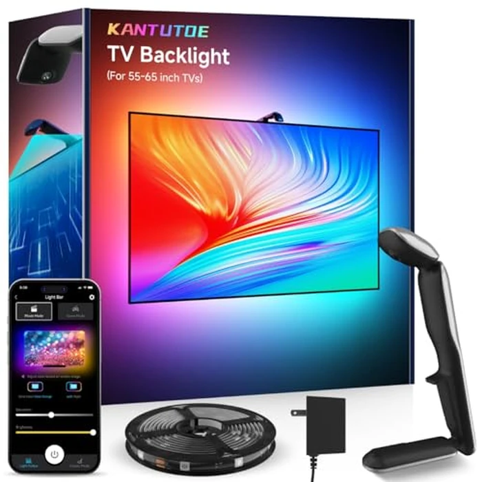 KANTUTOE TV LED Backlight Sync to Screen, 13.7ft LED Lights for 45-65 Inch TVs & PC Monitors, Smart App Control TV Lights That Change with TV, Backlight with Camera, Music Sync Strip Lighting by KANTUTOE - Used - Like New condition - US$36.66