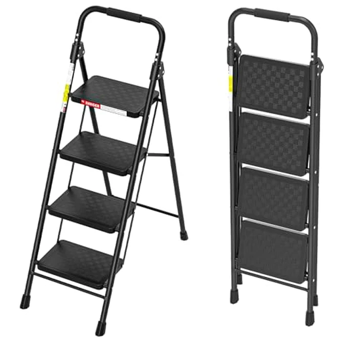 HBTower Step Ladder, 4 Step Ladder for Adults with Wide Anti-Slip Pedal, Step Stool Foldable with Cushioned Handle, 330 Capacity for Home and Kitchen, Black by HBTower - Used - Very Good condition - US$44.63