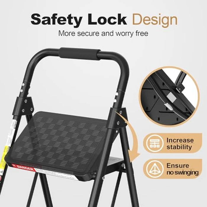 HBTower Step Ladder, 4 Step Ladder for Adults with Wide Anti-Slip Pedal, Step Stool Foldable with Cushioned Handle, 330 Capacity for Home and Kitchen, Black by HBTower - Image 3