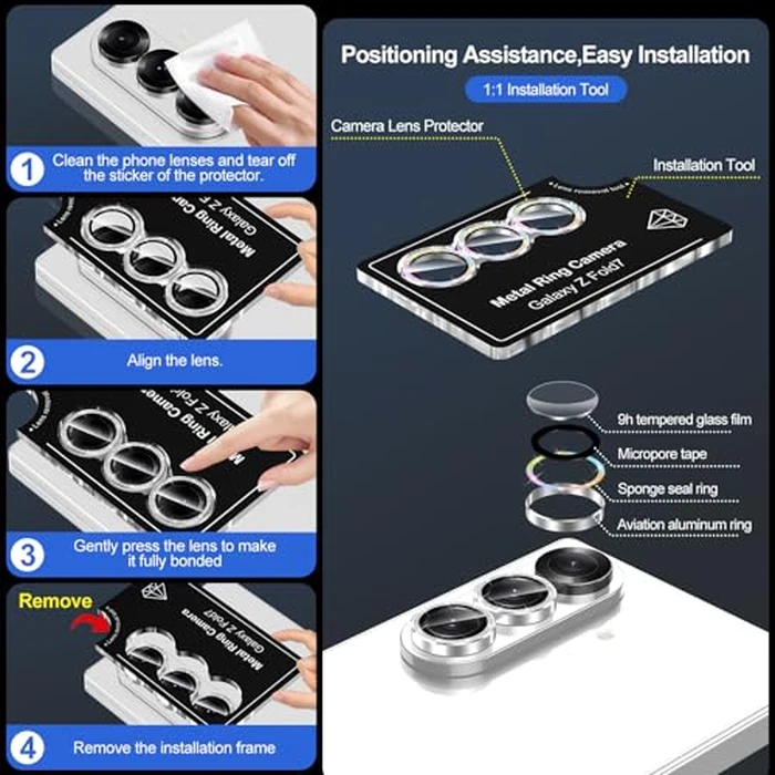 Avocase for Samsung Galaxy Z Fold 7 Camera Lens Protector, Individual Metal Ring Tempered Glass Lens Cover, [Strong Adsorption] Scratch Resistant Ultra-Thin HD Clear Lens Cover, 1 Set-Colorful Sparkly by Avocase - Image 6