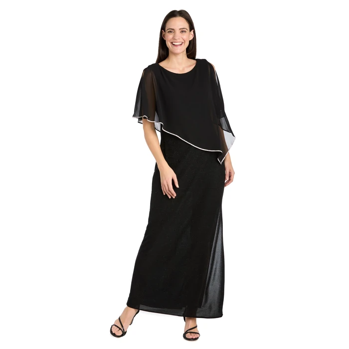 R&M Richards Women's Long Metallic Stripe Knit Dress W/Rhinestone Trimmed Chiffon Poncho & Side Slit by R&M Richards - Used - Like New condition - US$122.55