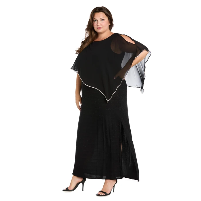 R&M Richards Women's Long Metallic Stripe Knit Dress W/Rhinestone Trimmed Chiffon Poncho & Side Slit by R&M Richards - Image 2