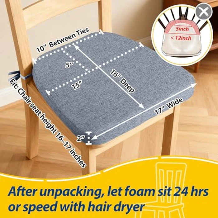 AAAAAcessories D-Shaped Chair Cushions, 2" Thick Dining Chair Pads with Ties and Removable, Machine-Washable Cover, 17" x 16", Set of 4, Light Blue by AAAAAcessories - Image 2