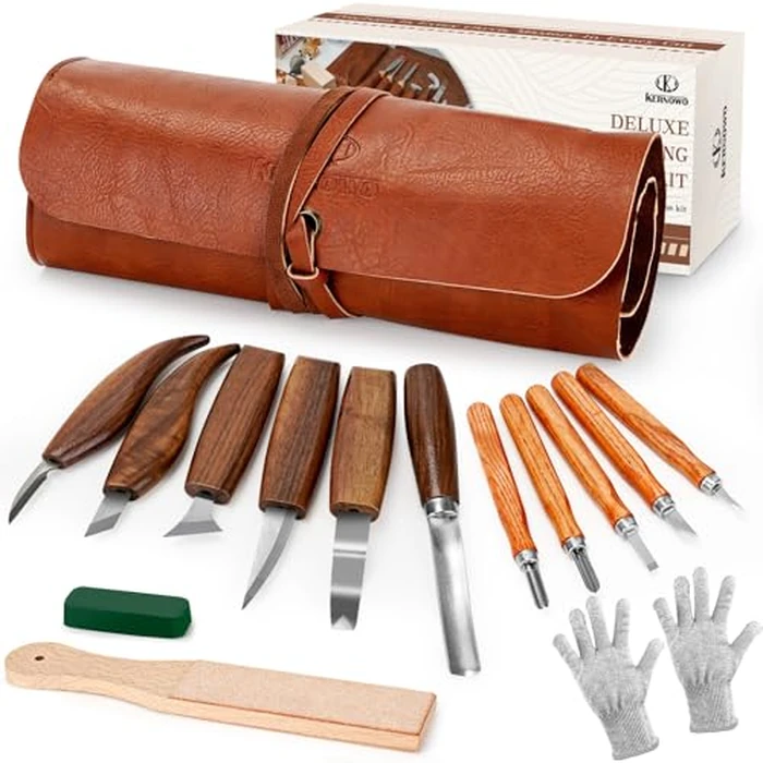 Wood Carving Tools, 15Pcs Wood Carving Kit with PU Storage Bag, Wood Whittling Kit with 6Pcs Whittling Knives & 5 Detail Carving Knives for Adults Wood Carving DIY by K KERNOWO - Used - Very Good condition - US$37.61