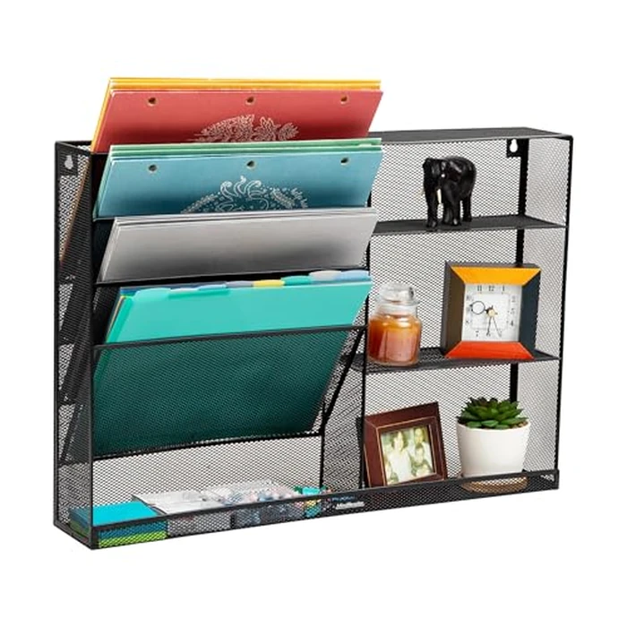Mind Reader 4-Tier Vertical File Storage and Shelves, Desktop Organizer, Wall Mount, Office, Metal Mesh, 22.5"L x 4"W x 16"H, Black by Mind Reader - Used - Acceptable condition