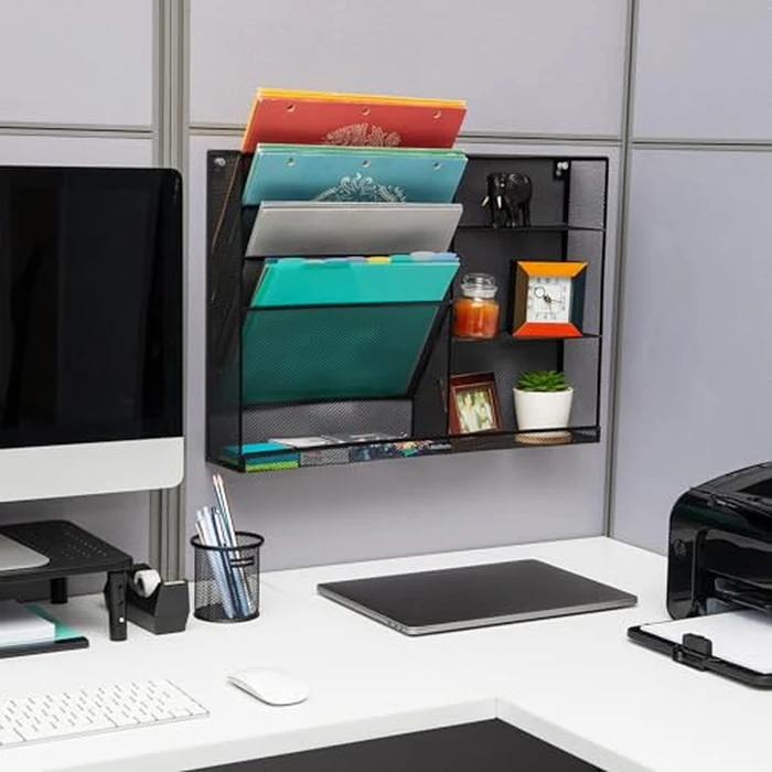 Mind Reader 4-Tier Vertical File Storage and Shelves, Desktop Organizer, Wall Mount, Office, Metal Mesh, 22.5"L x 4"W x 16"H, Black by Mind Reader - Image 2