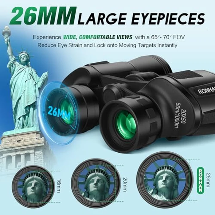 RONHAN 20x50 High Powered Binoculars for Adults, Military Compact HD Professional/Daily Waterproof Binoculars Telescope for Bird Watching Travel Hunting Football Games with Carrying Case&Strap（Black） by RONHAN - Image 3