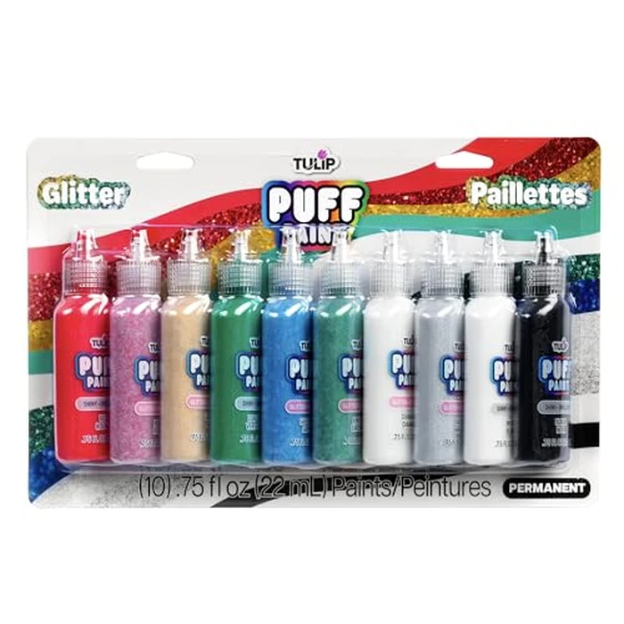 Tulip Glitter Puff Paint Pack, Permanent Multi-Surface Craft Paint for Drawing, Marbling, Hand Lettering or Dot Art Techniques, Use on Fabrics, Decor, Rock Painting, Egg Painting, Ornaments, 10 Colors by TULIP - Image 1