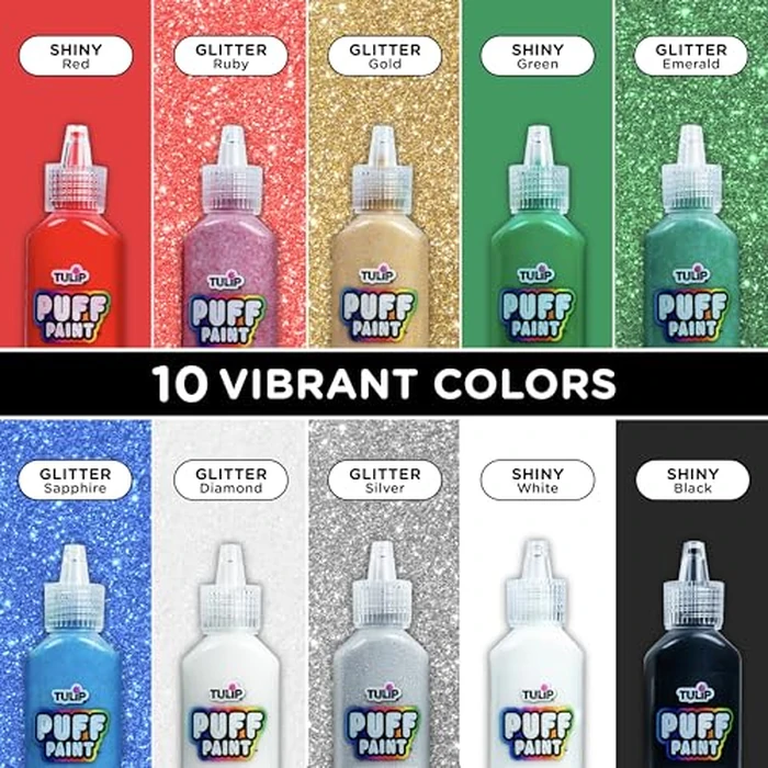 Tulip Glitter Puff Paint Pack, Permanent Multi-Surface Craft Paint for Drawing, Marbling, Hand Lettering or Dot Art Techniques, Use on Fabrics, Decor, Rock Painting, Egg Painting, Ornaments, 10 Colors by TULIP - Image 2