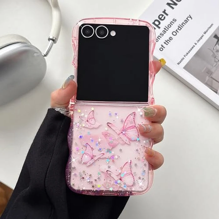 UEEBAI Wave Butterfly Case for Samsung Galaxy Z Flip 7 5G Case, Pretty Bling Star Butterfly Cute Shiny Glitter Phone Cover for Girls Bling Clear Cover Curly Shockproof Girly - Pink by UEEBAI - Image 1