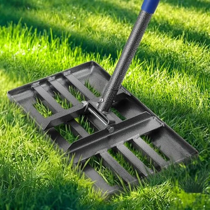 Rake, Lawn Leveling Rake with Round Edge, 5 FT Lawn Leveler with 17 x 10 Small Rakes Head for Smooth Garss Soil Dirt Sand, High Effect Long Handle Ground Leveling Tool for Yard Garden, No Flip by Feblomst - Used - Very Good condition