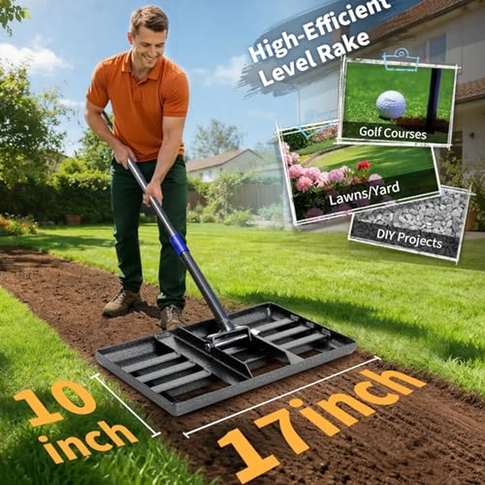 Rake, Lawn Leveling Rake with Round Edge, 5 FT Lawn Leveler with 17 x 10 Small Rakes Head for Smooth Garss Soil Dirt Sand, High Effect Long Handle Ground Leveling Tool for Yard Garden, No Flip by Feblomst - Image 3