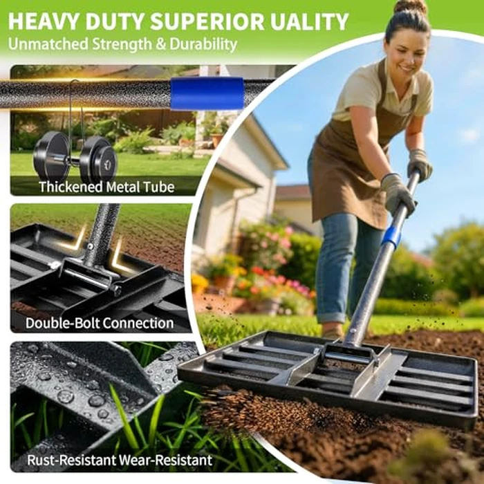 Rake, Lawn Leveling Rake with Round Edge, 5 FT Lawn Leveler with 17 x 10 Small Rakes Head for Smooth Garss Soil Dirt Sand, High Effect Long Handle Ground Leveling Tool for Yard Garden, No Flip by Feblomst - Image 6