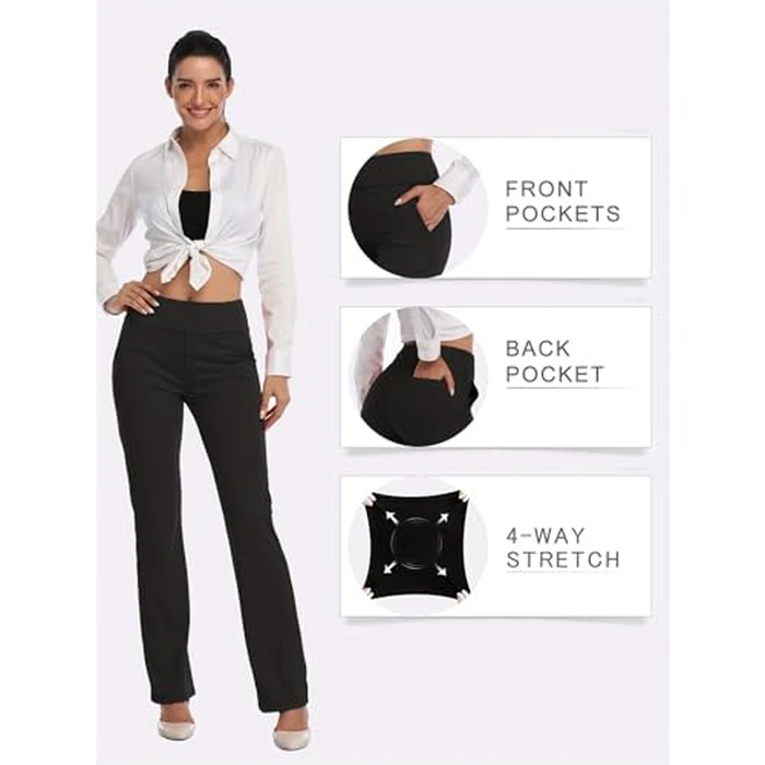 HISKYWIN Womens High Waist Yoga Pants Classic Long Bootleg Flare Pants Tummy Control Workout Running Pants with Pockets F205-Black-S by HISKYWIN - Image 4