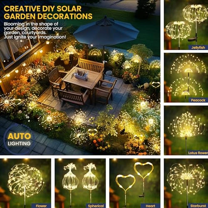 GIGALUMI Garden Decor Outdoor Lights 120LED 2Pack, Solar Garden Lights Outside Fairy Firework Decorative,Solar Powered for Yard Pathway Flowerbed Planter Balcony Patio 4th of July Decor (Warm White by GIGALUMI - Image 2