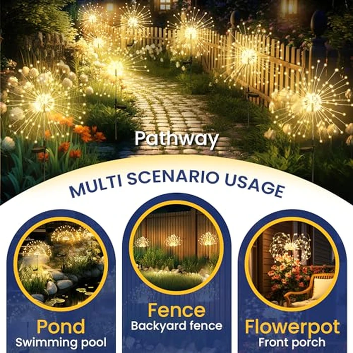 GIGALUMI Garden Decor Outdoor Lights 120LED 2Pack, Solar Garden Lights Outside Fairy Firework Decorative,Solar Powered for Yard Pathway Flowerbed Planter Balcony Patio 4th of July Decor (Warm White by GIGALUMI - Image 4