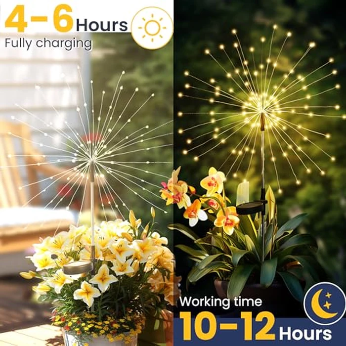 GIGALUMI Garden Decor Outdoor Lights 120LED 2Pack, Solar Garden Lights Outside Fairy Firework Decorative,Solar Powered for Yard Pathway Flowerbed Planter Balcony Patio 4th of July Decor (Warm White by GIGALUMI - Image 6
