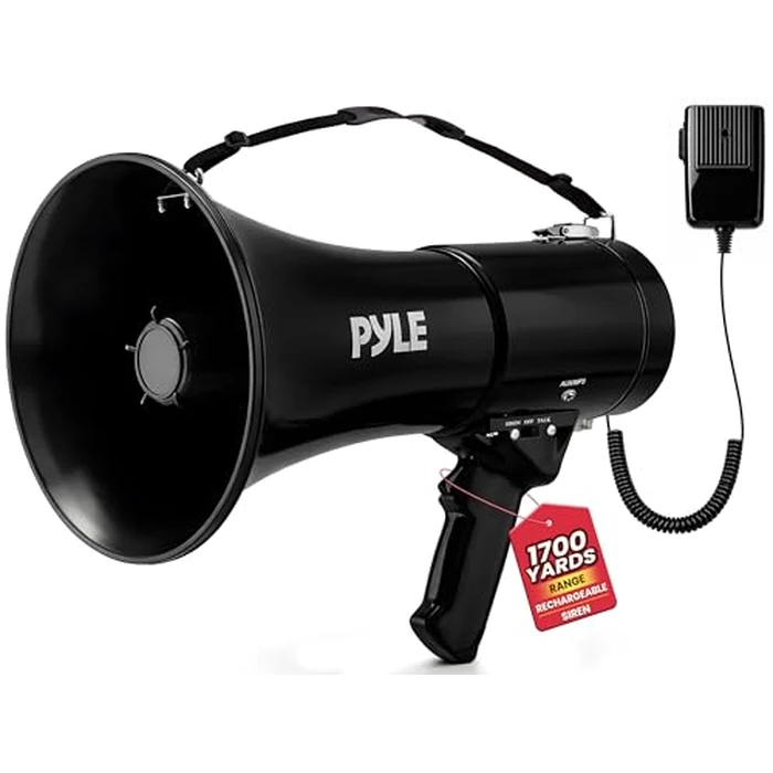 Pyle 50W Portable Megaphone Bullhorn Speaker- Alarm Siren, Adjustable Volume up to 1700 Yards, Aux Input & USB/TF Playback, Lightweight for Indoor & Outdoor Activities, Sports & Emergency Drills-Black by Pyle - Used - Good condition - US$35.62