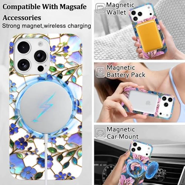 L-FADNUT for iPhone 15 Pro Case [Compatible with MagSafe] with Chic Floral Design, Cute Aesthetic Flower Magnetic Phone Cover for Women Girls,Stylish Protective Case for iPhone 15 Pro,Blue by L-FADNUT - Image 2
