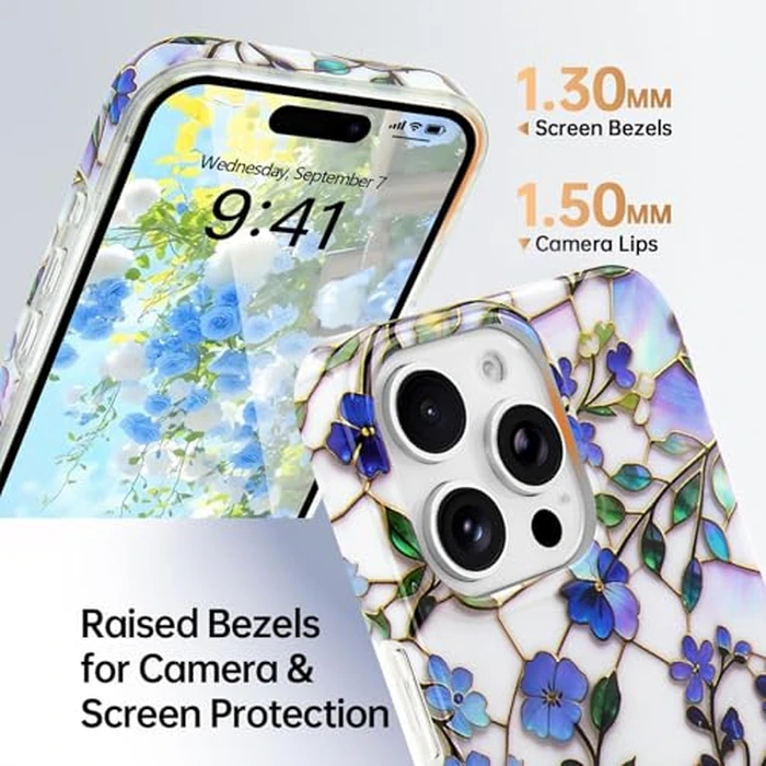 L-FADNUT for iPhone 15 Pro Case [Compatible with MagSafe] with Chic Floral Design, Cute Aesthetic Flower Magnetic Phone Cover for Women Girls,Stylish Protective Case for iPhone 15 Pro,Blue by L-FADNUT - Image 3