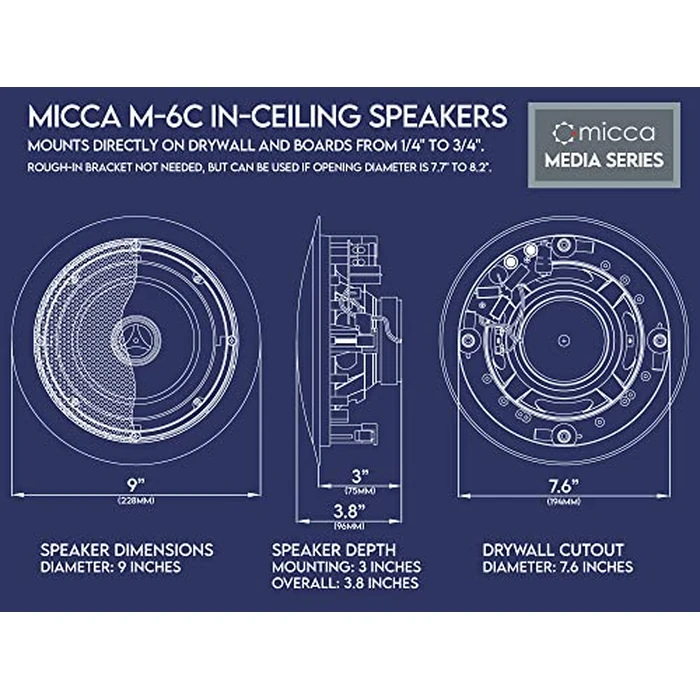 Micca M-6C 2-Way in-Ceiling Round Speaker, 7.6" Cutout Diameter, Whole House Audio, Home Theater, Indoor or Covered Outdoor, 6.5" Woofer, 1" Tweeter, White, Paintable, Each by Micca - Image 6