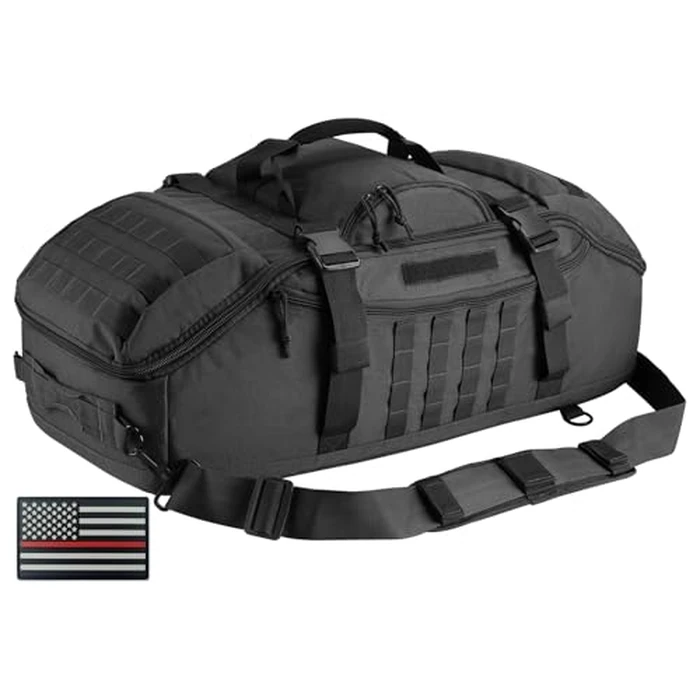 Hannibal Tactical 65L Large Duffle Bag, 3-in-1 Tactical Backpack MOLLE Pack for Workout, Sports, Gym, Outdoor, Black Red Patch by Hannibal Tactical - Image 1