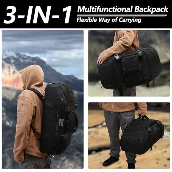 Hannibal Tactical 65L Large Duffle Bag, 3-in-1 Tactical Backpack MOLLE Pack for Workout, Sports, Gym, Outdoor, Black Red Patch by Hannibal Tactical - Image 6