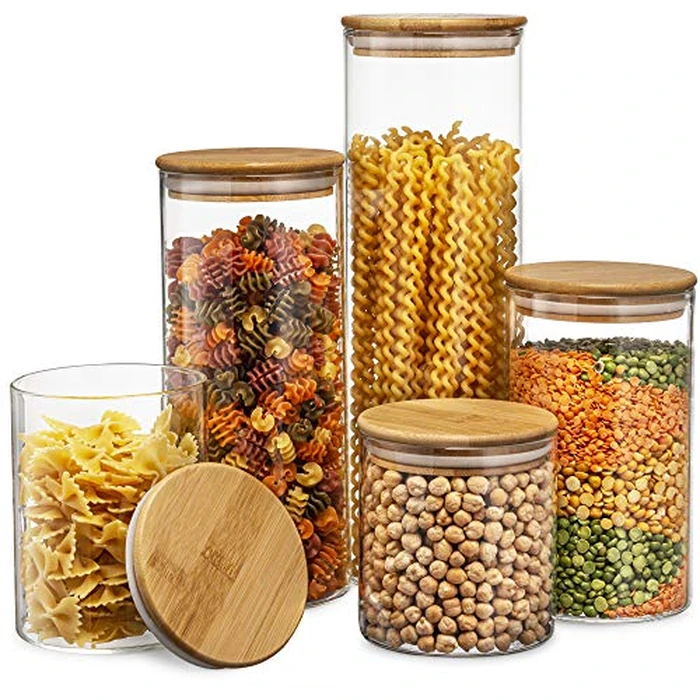 Set of 5 Glass Kitchen Canisters with Airtight Bamboo Lid - Glass Storage Jars for Pantry Organization and Bathroom for Flour, Coffee, Cookie Jar, Candy, Snack, Pasta, Rice, Sugar Packet Holder by Le'raze - Image 1