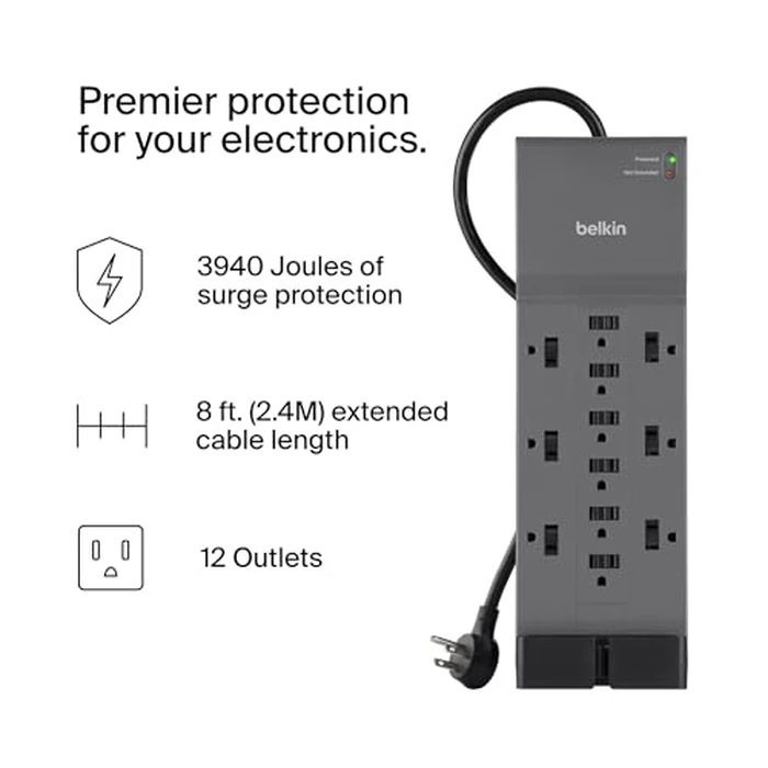 Belkin 12-Outlet Surge Protector Power Strip w/ 12 AC Outlets & 8ft Flat Plug, UL-Listed Heavy-Duty Extension Cord for Home, Office, Travel, Computer, Laptop, Charger - 3,940 Joules of Protection by Belkin - Image 2