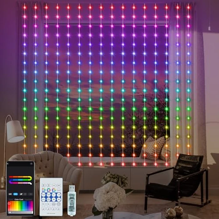 LumBelle Smart Curtain Lights RGB 5050 Built in Chip, Color Changing Curtain Lights with Music Sync APP Remote Control, 8Ft x 6Ft 144LED USB Powered Fairy Lights for Party Patio Garden Decor by LumBelle - Used - Like New condition