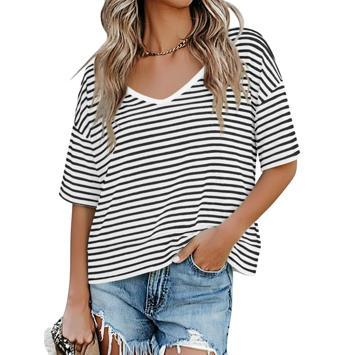 Cicy Bell Womens V Neck Striped T Shirts Casual Short Sleeve Flowy Tops Cute Loose Fit Basic Tees by Cicy Bell - Used - Like New condition - US$15.33