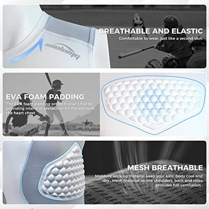 COOLOMG Youth Baseball Padded Shirt Kids Chest Protector Rib Heart Guard Sternum Protection for Football Softball Lacrosse Rugby White L by COOLOMG - Image 4