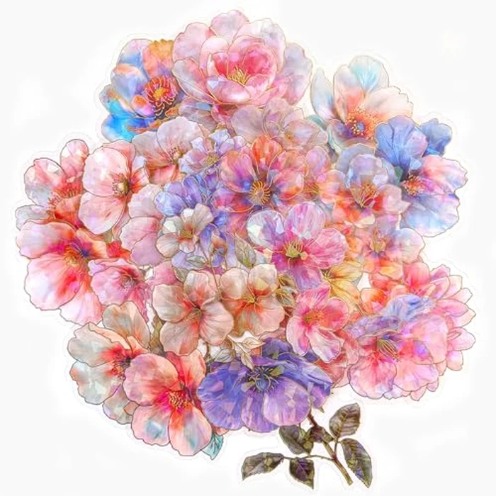 Ychsring Sparkly Flower Stickers - 30 Pcs Clear PET Glitter Nature Plant Floral Stickers for Scrapbook, Journal, Junk Journal, Collage - Holographic Transparent for Resin, Craft, Scrapbook Supplies by Ychsring - Image 1