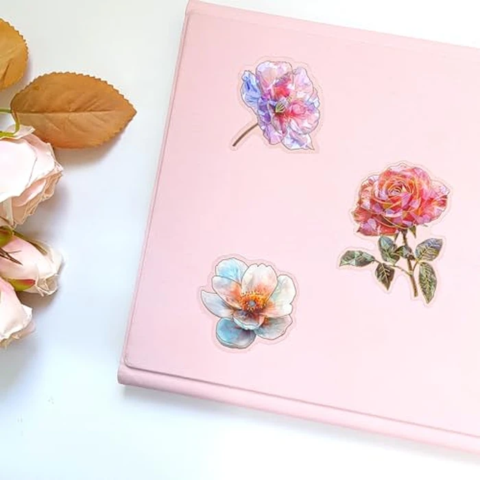 Ychsring Sparkly Flower Stickers - 30 Pcs Clear PET Glitter Nature Plant Floral Stickers for Scrapbook, Journal, Junk Journal, Collage - Holographic Transparent for Resin, Craft, Scrapbook Supplies by Ychsring - Image 2