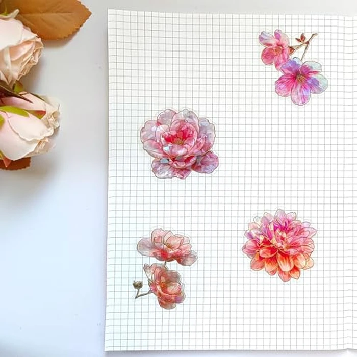 Ychsring Sparkly Flower Stickers - 30 Pcs Clear PET Glitter Nature Plant Floral Stickers for Scrapbook, Journal, Junk Journal, Collage - Holographic Transparent for Resin, Craft, Scrapbook Supplies by Ychsring - Image 4