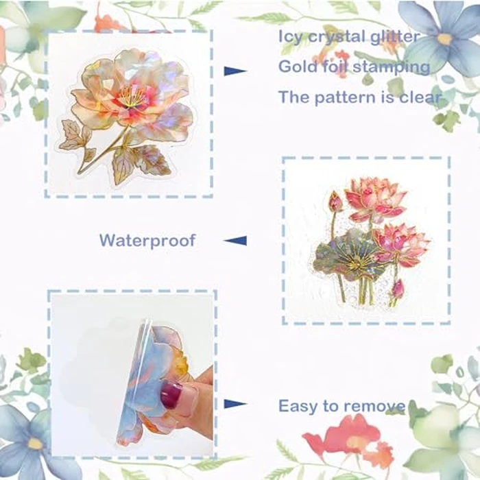 Ychsring Sparkly Flower Stickers - 30 Pcs Clear PET Glitter Nature Plant Floral Stickers for Scrapbook, Journal, Junk Journal, Collage - Holographic Transparent for Resin, Craft, Scrapbook Supplies by Ychsring - Image 5
