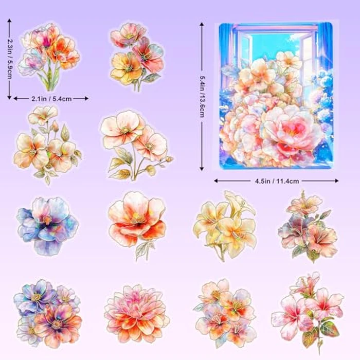 Ychsring Sparkly Flower Stickers - 30 Pcs Clear PET Glitter Nature Plant Floral Stickers for Scrapbook, Journal, Junk Journal, Collage - Holographic Transparent for Resin, Craft, Scrapbook Supplies by Ychsring - Image 6