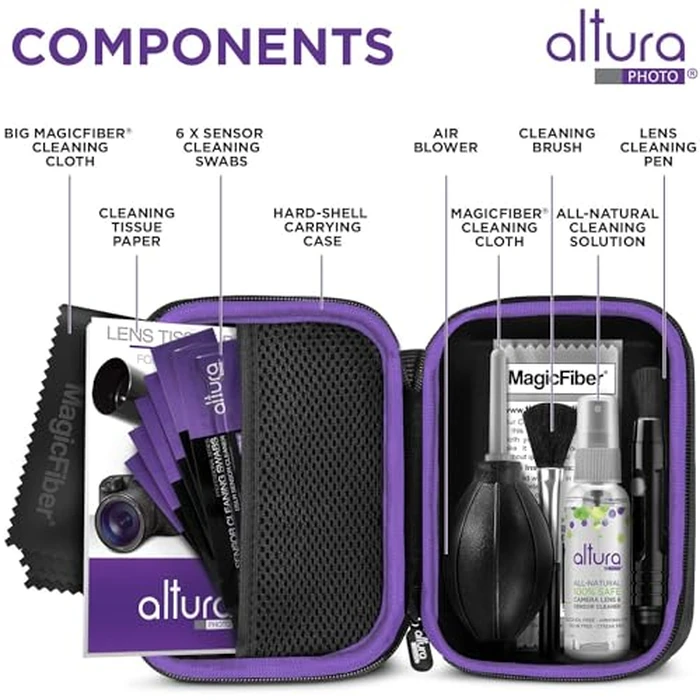 Altura Photo Camera Cleaning Kit - APS-C Lens & Sensor Cleaner with All-Natural Solution, 16mm Factory-Sealed Swabs, Pen, Blower, Brush, Cloths & Hard Case for Canon Nikon Sony DSLR Mirrorless by Altura Photo - Image 2