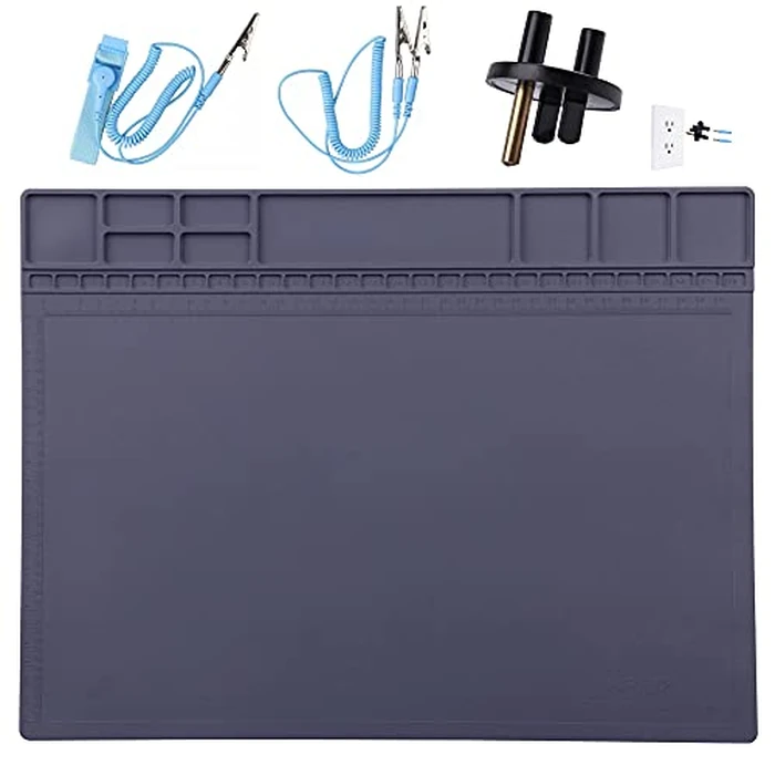 Anti-Static Mat ESD Safe for Electronic Includes ESD Wristband and Grounding Wire, HPFIX Silicone Soldering Repair Mat 932 degreesF Heat Resistant for iPhone iPad iMac, Laptop, Computer, 15.9” x 12” Grey by HPFIX - Image 1