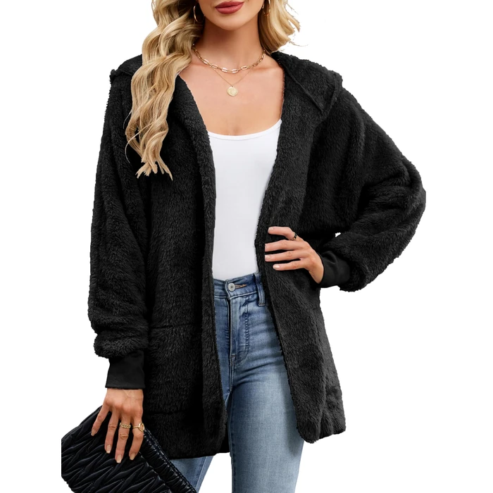 NIeyook Hoodie Sherpa Women's Winter Jackets Hooded Cardigan Sweater Oversized Long Coat with Pockets Warm Open Front Outwear Black S by NIeyook - Image 1